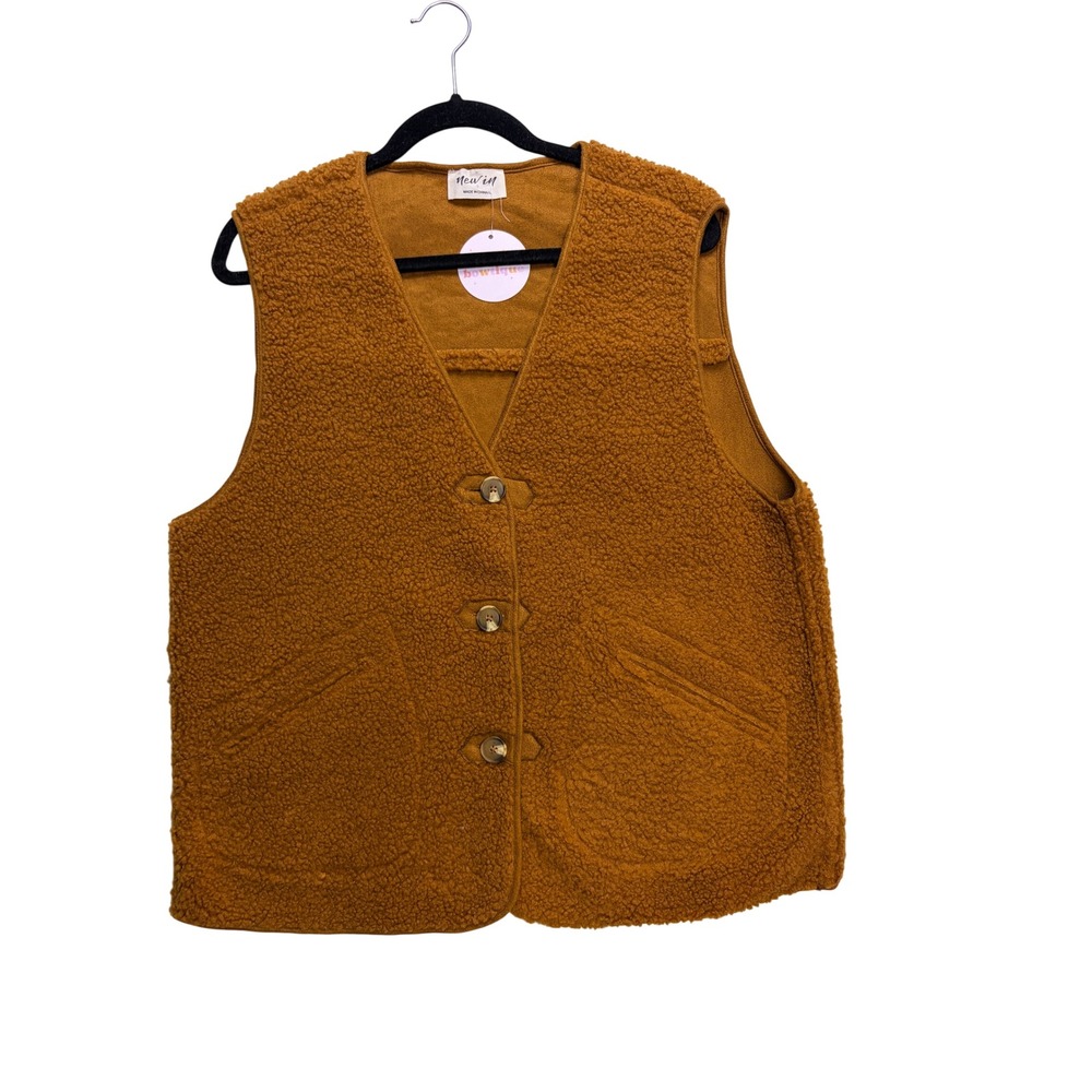 New In Sherpa Fleece Vest Womens Large Brown Button Front NJ90090 Layering